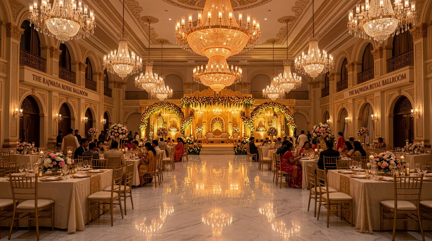 Zimris Banquet Hall Decorated Wedding Stage and Dining Setup